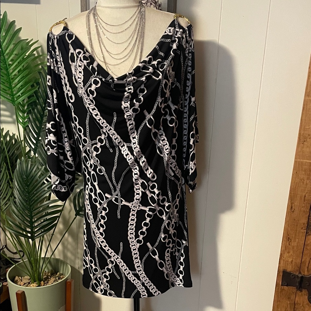 Cache Black and White Chain Print Mini Dress